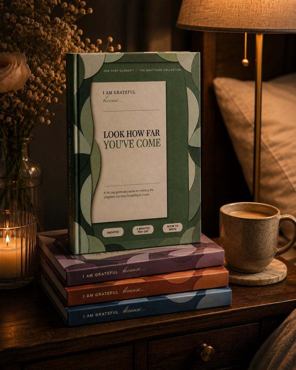 Look How Far You've Come journal on a nightstand